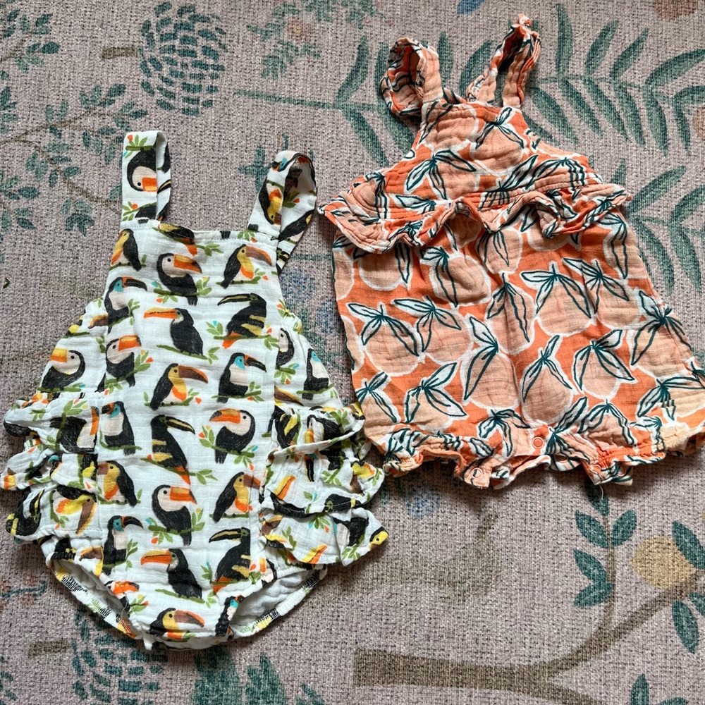 Angel Dear Rompers - Toucan and Floral. Size 6-12 months